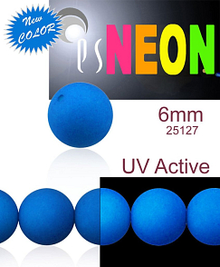 Korálky NEON (UV Active) velikost 6mm barva 25127 MODRÁ SVĚTLÁ. Balení 21Ks. 