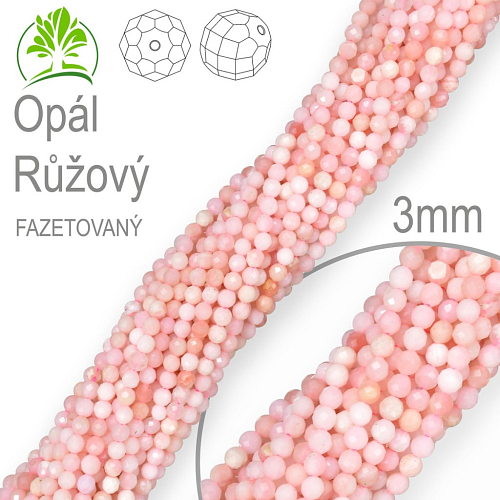Korálky z minerálů Opál Růžový Fazetovaný polodrahokam. Velikost pr.3mm. Balení 130Ks. 