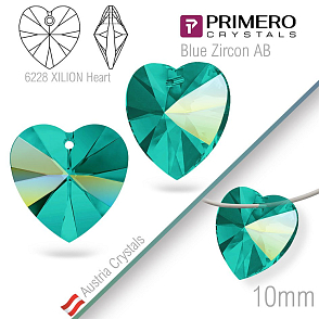 Korálky PRIMERO Crystals. Tvar 6228 XILION Heart. Barva Blue Zircon AB. Velikost 10mm
