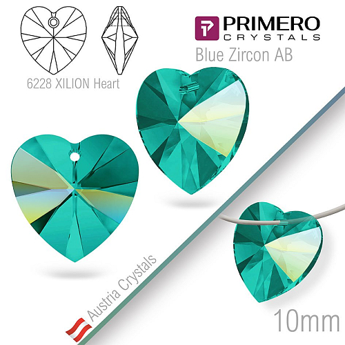 Korálky PRIMERO Crystals. Tvar 6228 XILION Heart. Barva Blue Zircon AB. Velikost 10mm