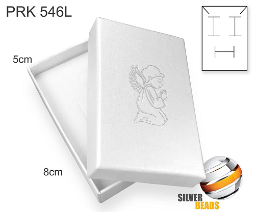 Krabička na šperky. Materiál papír+mašle . Ozn. PRK 546L. Velikost 8x5cm. Barva BÍLÁ s potiskem modlícího se anděla (stříbrná barva).