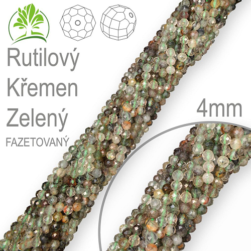Korálky z minerálů Rutilový Křemen Zelený. Fazetovaný polodrahokam. Velikost pr.4mm. Balení 90Ks. 