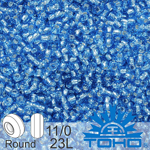 Korálky TOHO tvar ROUND (kulaté). Velikost 11/0. Barva č.23L Silver-Lined Lt Denim Blue. Balení 8g.