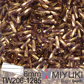 Korálky Miyuki Bugle Bead 6mm. Barva TW206-1285 Gold Antiqued Transparent Amethyst. Balení 10g.