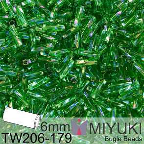 Korálky Miyuki Twisted Bugle 6mm. Barva TW206-179 Twisted Bugle Bead Transparent Green AB. Balení 10g.