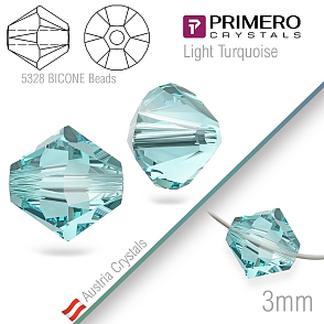 Korálky PRIMERO Crystals . Tvar 5328 Bicone BEADS. Barva Light Turquoise. Velikost 3mm balení-25Ks.