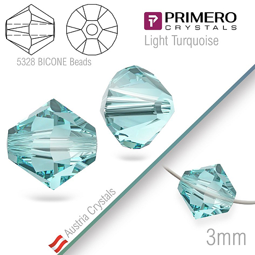 Korálky PRIMERO Crystals . Tvar 5328 Bicone BEADS. Barva Light Turquoise. Velikost 3mm balení-25Ks.