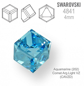 SWAROVSKI 4841 Angled Cube (zkosená kostka) barva Aquamarine (202) Comet Arg. Light VZ (CAVZ) velikost 4mm.