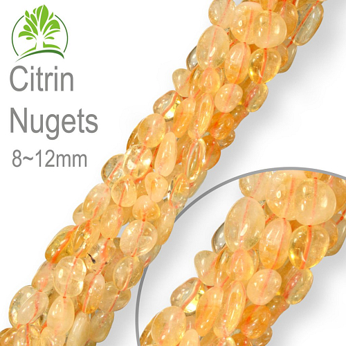 Korálky z minerálů Nugets velikost 6-12mm Citrin. Balení 40cm.