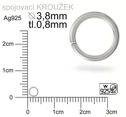 Spojovací kroužek velikost pr.3,8mm tl.0,8mm. Materiál STŘÍBRO Ag925.