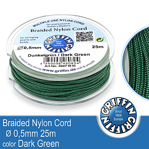Braided NYLON (splétaná nit na náramky) GRIFFIN síla nitě 0,5mm cívka 25m. Barva Dark Green..
