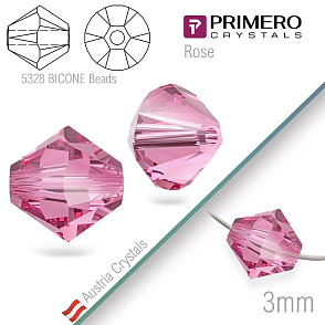 Korálky PRIMERO Crystals . Tvar 5328 Bicone BEADS. Barva Rose. Velikost 3mm balení-25Ks.