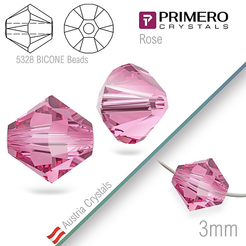 Korálky PRIMERO Crystals . Tvar 5328 Bicone BEADS. Barva Rose. Velikost 3mm balení-25Ks.