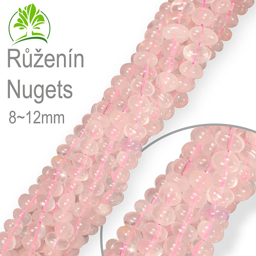 Korálky z minerálů Nugets velikost 8-12mm Růženín. Balení 40cm.