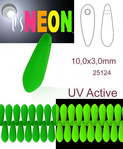 Korálky JAZÝČKY NEON (UV Active) velikost 10x3mm barva 25124 ZELENÁ. Balení 25Ks. 