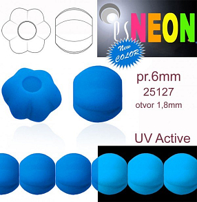 Korálky NEON (UV Active) MELOUN velikost pr.6mm barva 25127 MODRÁ SVĚTLÁ. Balení 21Ks. 