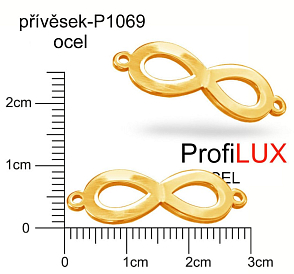 Přívěsek Chirurgická Ocel ozn-P1069 NEKONEČNO s očky velikost 29x10mm tl.1.2mm. Velikost otvoru pr. 1,5mm barva POZLACENO. Řada přívěsků ProfiLUX.