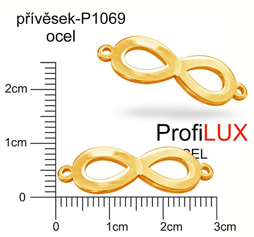 Přívěsek Chirurgická Ocel ozn-P1069 NEKONEČNO s očky velikost 29x10mm tl.1.2mm. Velikost otvoru pr. 1,5mm barva POZLACENO. Řada přívěsků ProfiLUX. 