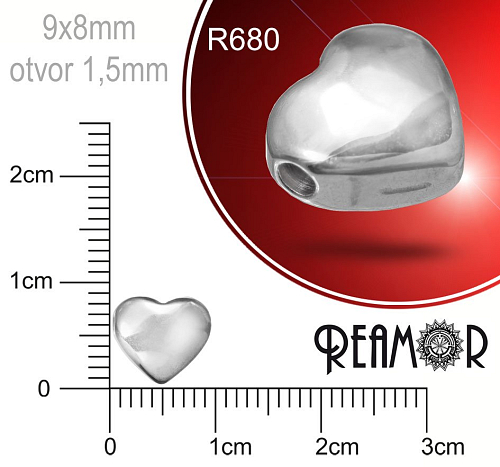 Korálek tvarovaný Srdce Reamor CHIRURGICKÁ OCEL ozn.-R680. Velikost 9x8mm otvor 1,5mm. Barva ocel.