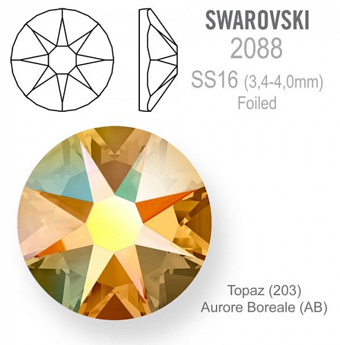Swarovski XIRIUS FOILED 2088 velikost SS16 barva Topaz Aurore Boreale 