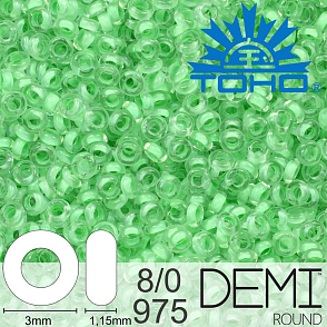 Korálky TOHO Demi Round 8/0. Barva 975 Inside-Color Crystal/Neon Sea Foam-Lined. Balení 5g