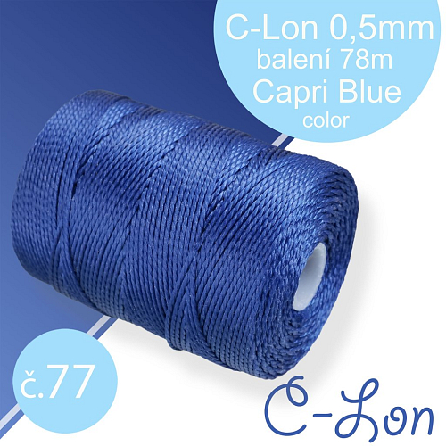 Nylonová nit C-Lon pevná korálková nit. Barva 77 Capri Blue. Síla nitě 0,5mm. Balení 78m na cívce.