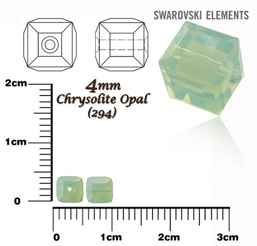 SWAROVSKI CUBE Beads 5601 barva CHRYSOLITE OPAL velikost 4mm.