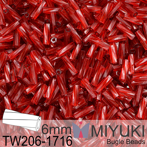 Korálky Miyuki Bugle Bead 6mm. Barva TW206-1716 Transparent Cranberry. Balení 10g.