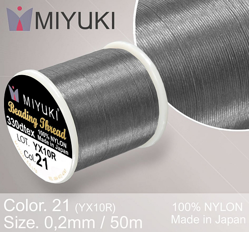 Nylonová nit značky MIYUKI. Barva č. 21 Smoke. Materiál 330DTEX (0,2mm). Balení 50m.