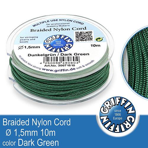 Braided NYLON (splétaná nit na náramky) GRIFFIN síla nitě 1,5mm cívka 10m. Barva Dark Green