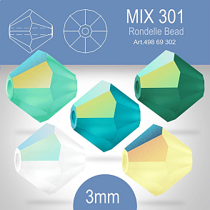 PRECIOSA Bicone (sluníčko) velikost 3mm. Barva MIX 301 Crystal Matt AB, Jonquil Matt AB, Caribbean Matt AB, Blue Zircon Matt AB, Emerald Matt AB. Balení 40ks (5X8ks)