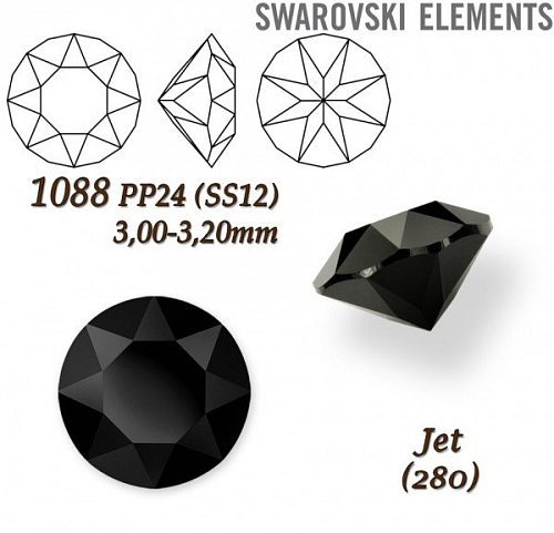 SWAROVSKI ELEMENTS 1088 XIRIUS Chaton PP24 (SS12)  3,00-3,20mm barva JET (280). 