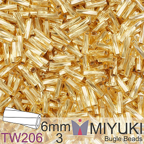 Korálky Miyuki Bugle Bead 6mm. Barva TW206-3 Silverlined Gold. Balení 10g.