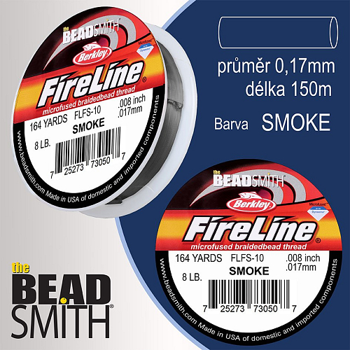 FIRELINE Berkley profesionální splétaná šnůra z polyethylenových vláken. Průměr 0,17mm, zátěž (8lb) 3,6Kg, balení (164yards) 150m, barva SMOKE