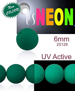 Korálky NEON (UV Active) velikost 6mm barva 25128 ZELENÁ SMARAGDOVÁ. Balení 21Ks. 