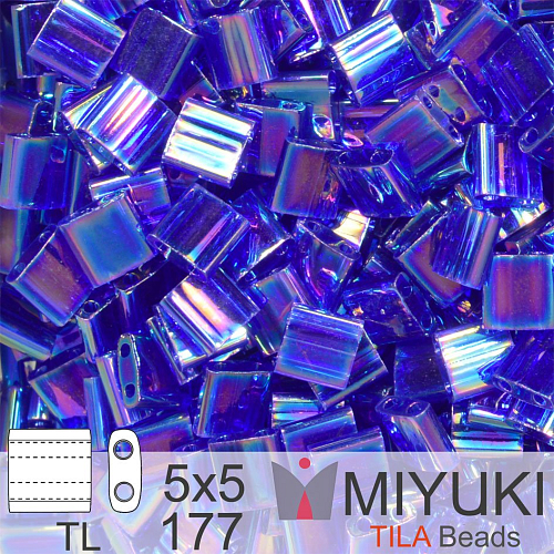 Korálky MIYUKI tvar TILA BEADS velikost 5x5mm. Barva TL 177 Transparent Cobalt AB. Balení 5g.