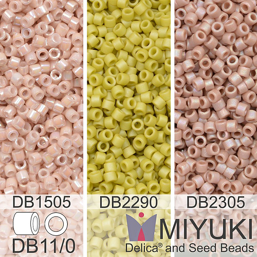 Korálky Miyuki Delica 11/0. Barevné variace č. 15  DB1505, DB2305, DB2290. Balení 3x5g