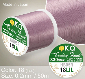 Nylonová nit značky K.O. Barva č. 18 lilac. Materiál 330DTEX (0,2mm). Balení 50m. 