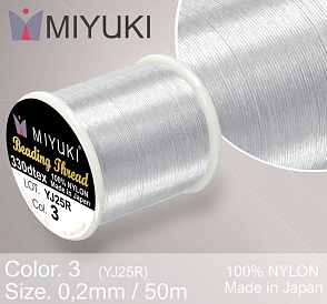 Nylonová nit značky MIYUKI. Barva č. 3 Silver. Materiál 330DTEX (0,2mm). Balení 50m. 