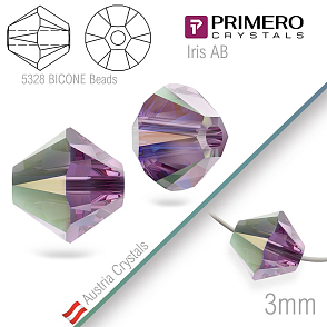 Korálky PRIMERO Crystals . Tvar 5328 Bicone BEADS. Barva Iris AB. Velikost 3mm balení-25Ks.