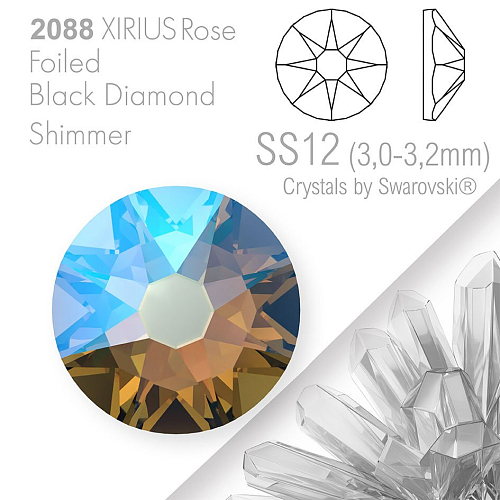 SWAROVSKI  XIRIUS Rose 2088 Foiled. Barva Black Diamond Shimmer velikost SS12 (3,0-3,2mm). Balení 30Ks.