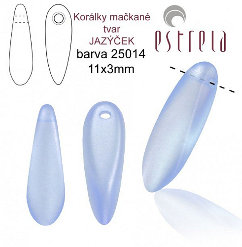 Korálky mačkané tvar JAZÝČEK. Velikost 11x3mm. Barva voskovaná MODRÁ světlá 25014. Balení 30Ks.