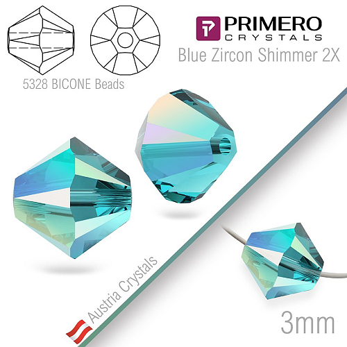 Korálky PRIMERO Crystals . Tvar 5328 Bicone BEADS. Barva Blue Zircon Shimmer 2X. Velikost 3mm balení-25Ks.