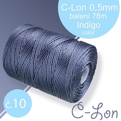 Nylonová nit C-Lon pevná korálková nit. Barva 10 Indigo. Síla nitě 0,5mm. Balení 78m na cívce.