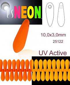 Korálky JAZÝČKY NEON (UV Active) velikost 10x3mm barva 25122 ORANŽOVÁ. Balení 25Ks. 