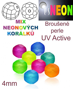 Korálky NEON (UV Active) BROUŠENÉ velikost pr.4mm barva MIX barev mírně průhledná. Balení 40Ks.