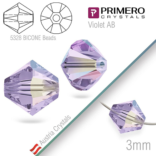 Korálky PRIMERO Crystals . Tvar 5328 Bicone BEADS. Barva Violet AB. Velikost 3mm balení-25Ks.