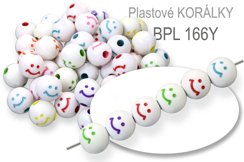 Korálky plastové smajlíky PBL 166Y v různých barvách o průměru 8mm. Balení 25g (cca.90Ks).
