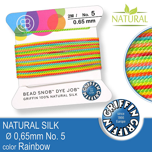 Hedvábná nit s jehlou GRIFFIN síla nitě 0,65mm No.5 délka 2m. Barva Rainbow.