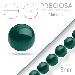 Preciosa Perle voskovaná kulatá MAXIMA barva Malachite velikost 8mm. Balení návlek 15Ks.